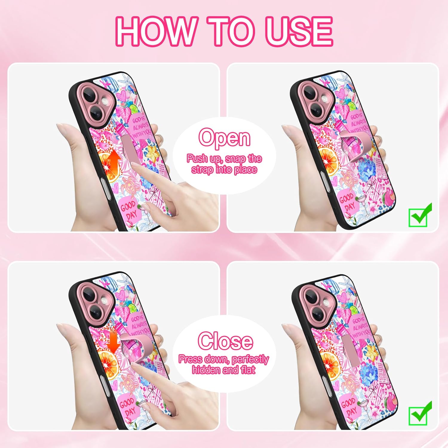 KANGHAR Compatible with iPhone 17 Case Summer Collage Coastal Pattern Finger Stand Design Full Body Rugged Shockproof Protection Glossy Protective Kickstand Phone Cover 6.1 Inch Pink