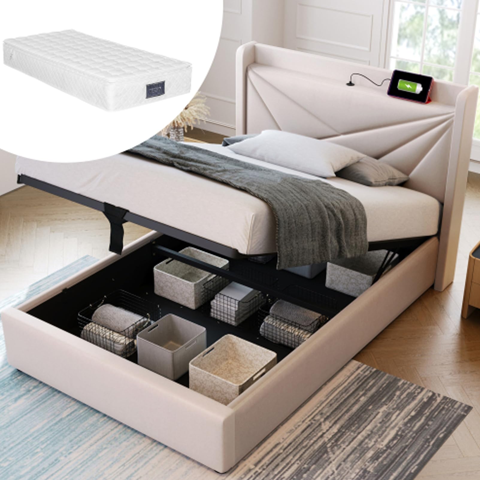 Letto Imbottito Con Testiera Con Funzione Di Ricarica USB Tipo C Letto Contenitore Box Letto Giroletto Materiale Di Lino Letti Per Ragazzi Per Adulti Letto Per Gli Ospiti Beige 90x200 Con Materasso