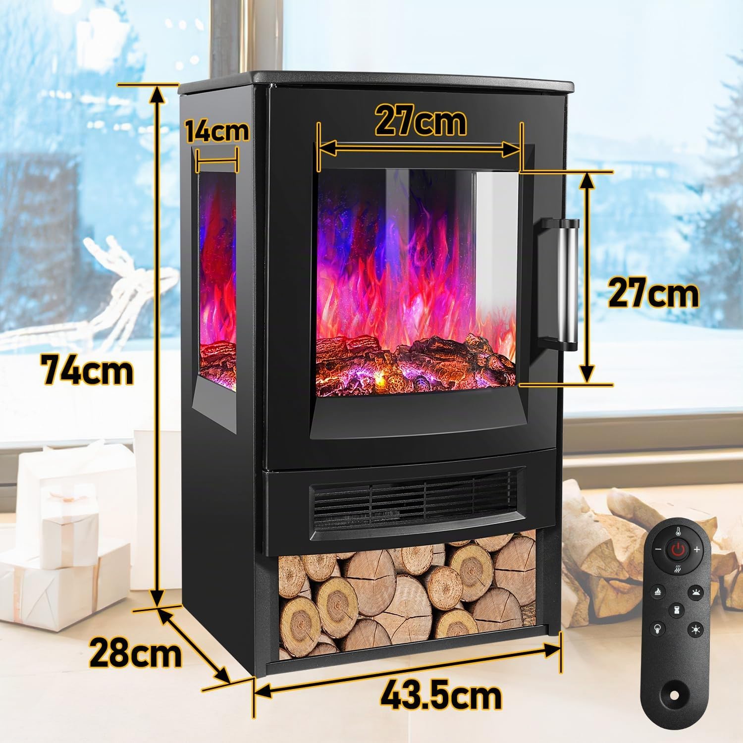 Electric Fireplace,elektrischer Kamin 950/1900 W, Fireplace Electric LED Flame Effect,Elektrokamin mit Heizung with Thermostat,Viewing Window Heating Function Timer