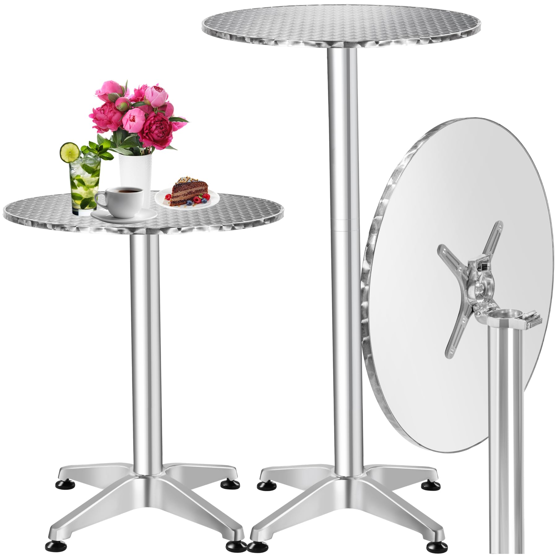 tectake® Tavolo da Bistrot, Alluminio Pieghevole, Altezza Regolabile 74/114 cm, Piano in Acciaio Inox Ø 60cm, Resistente agli Agenti Atmosferici, Perfetto per Esterni ed Interni - Frederic