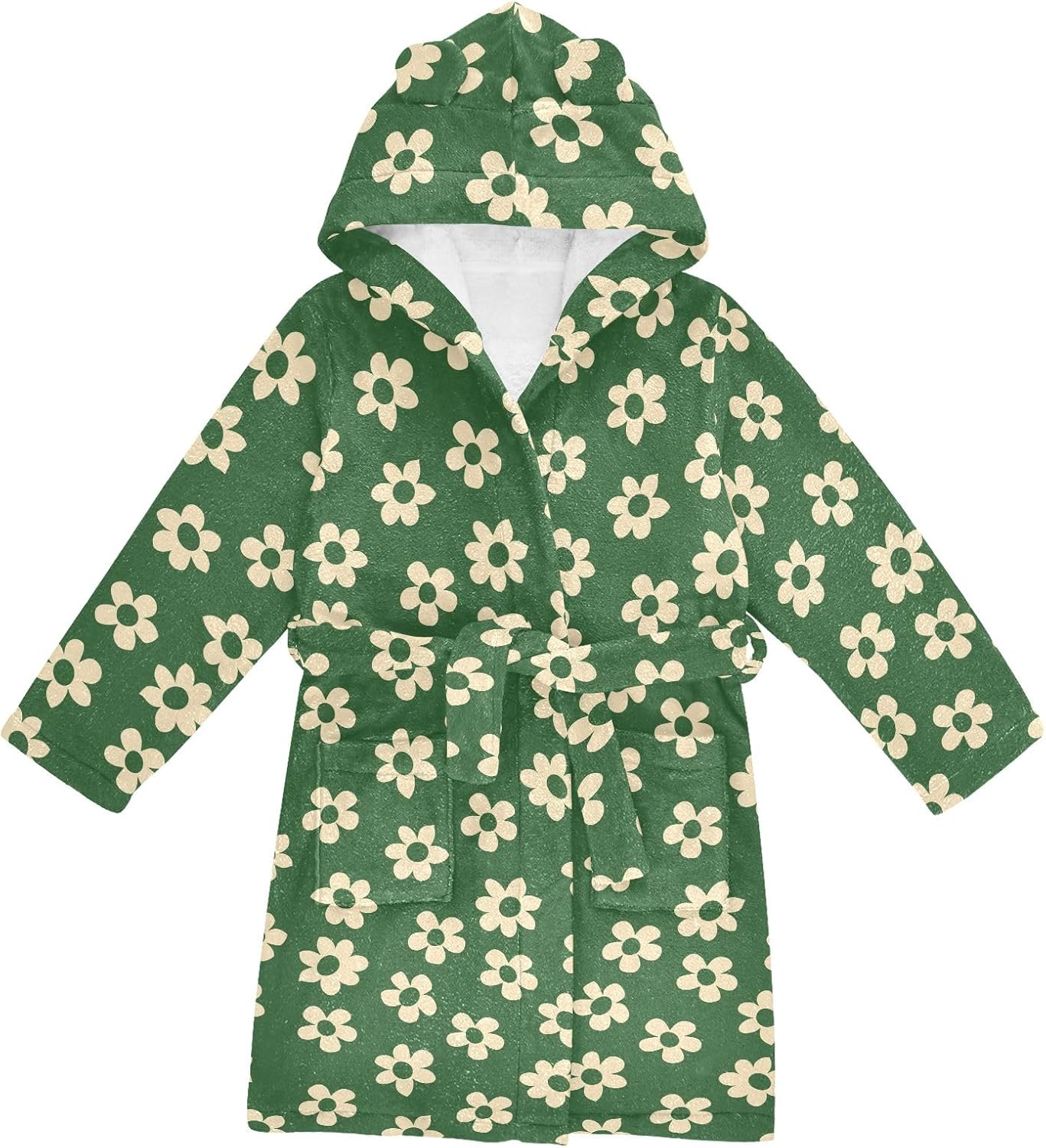 Cartoon Simple Shape Green Flower Toddler Hooded Bathrobe for Boys Girls Soft Plush Bath Towel Robe 2-12 Years