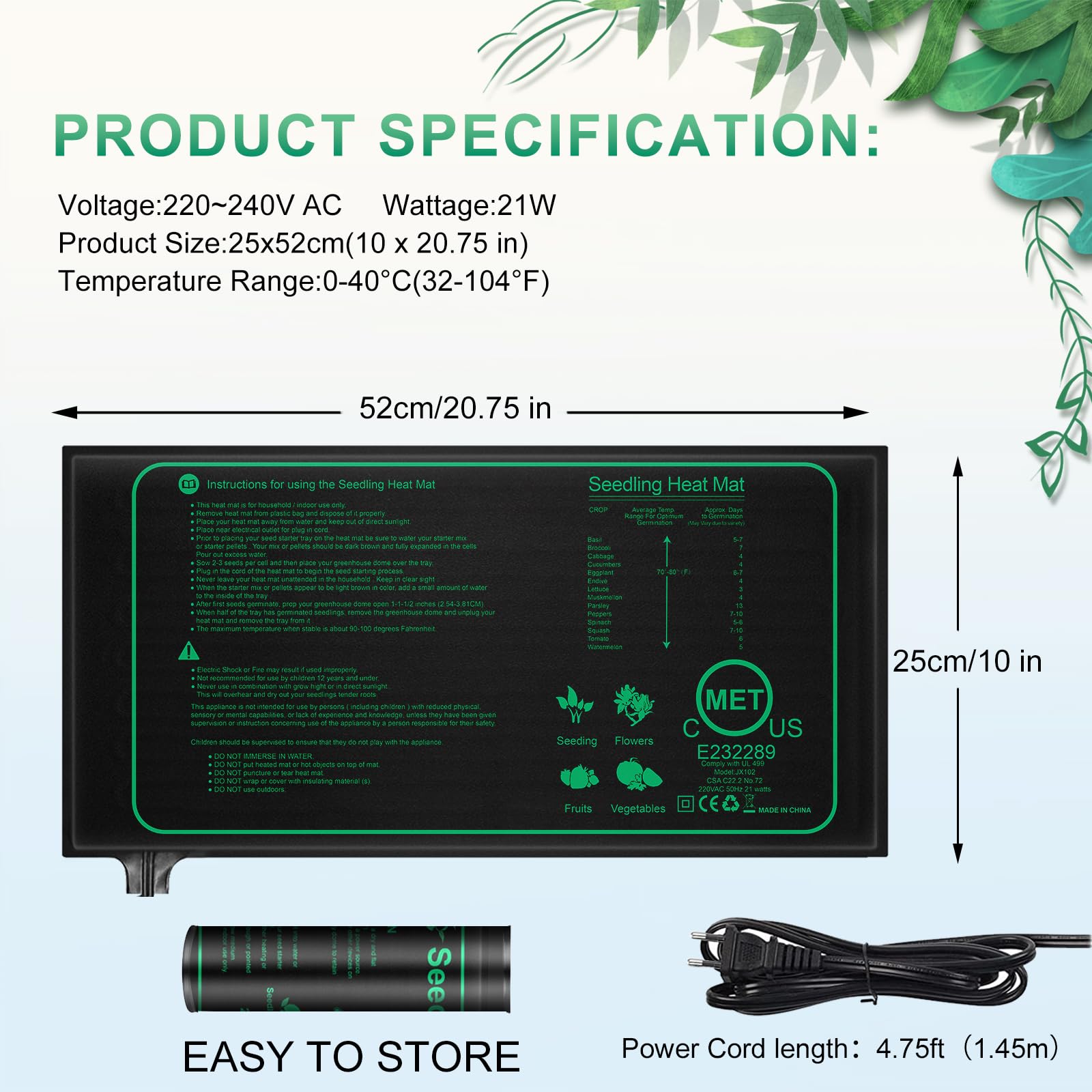 Heizmatte Pflanzen, Wärmematte für Sämling Germination und Haustier, 21W Reptil Dragon Temperatur Heizkissen Amphibien Pet Mat Wärmer Bett Matte Sicher und Haltbar, 25 * 52cm(2 Stück)