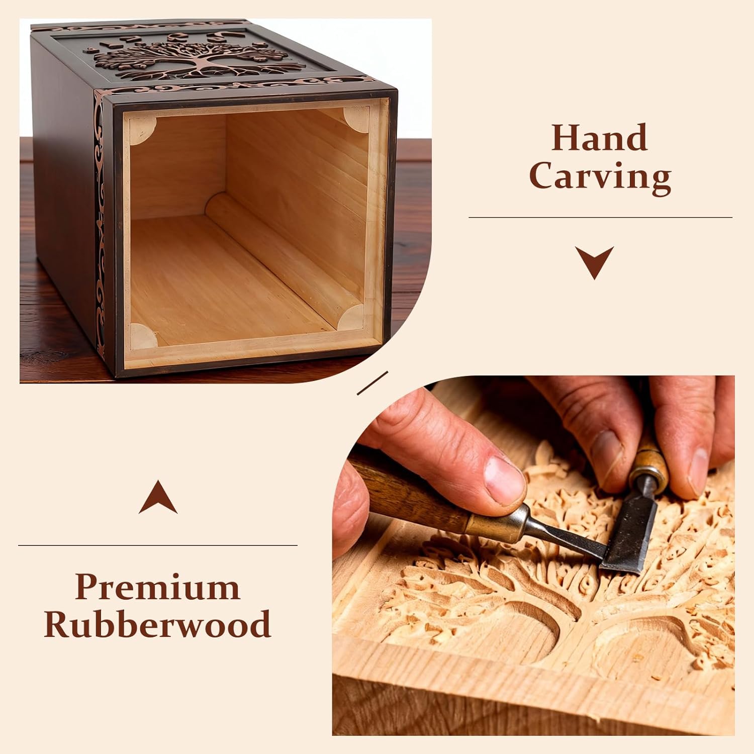 Handcarved Wooden Cremation Urn for Human Ashes Adult Men and Women, Tree of Life Engraved Design, 250 lbs Capacity, Decorative Funeral Urn Box with Satin Bag for Burial Memorial-Tree of Life - Image 3