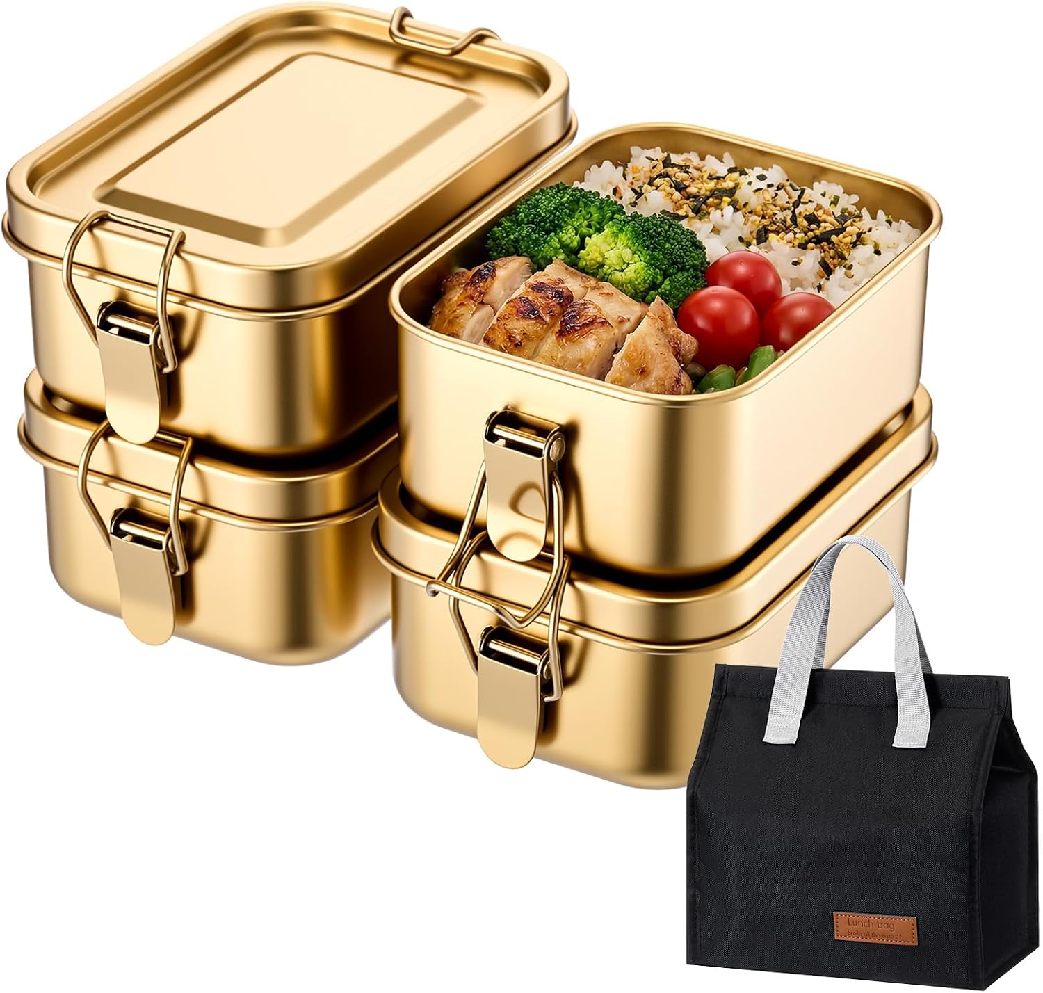 Ceenna 4 Pcs Golden Stainless Steel Bento Box 550ml, Metal Lunch Box Food Storage Containers with Lunch Bag, Lockable Clips to Leak Proof, Reusable Metal Snack Containers for Home, Work, Camping