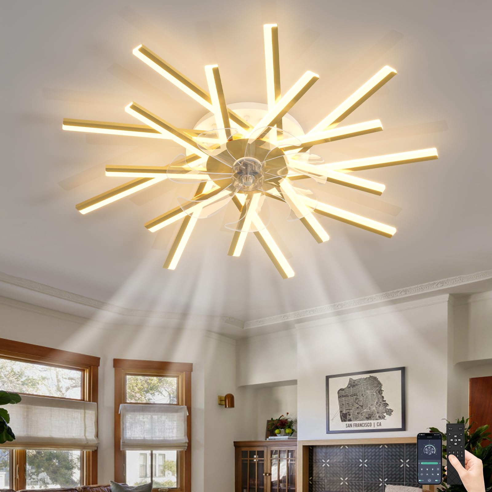 SXDMOUBK 6 Wind Speed Ceiling Fans with Lights and Remote Control Silence Chandeliers Ceiling Light Dimmable Reversible DC Fan Light Ceiling for Living Room Bedroom-Gold||92cm