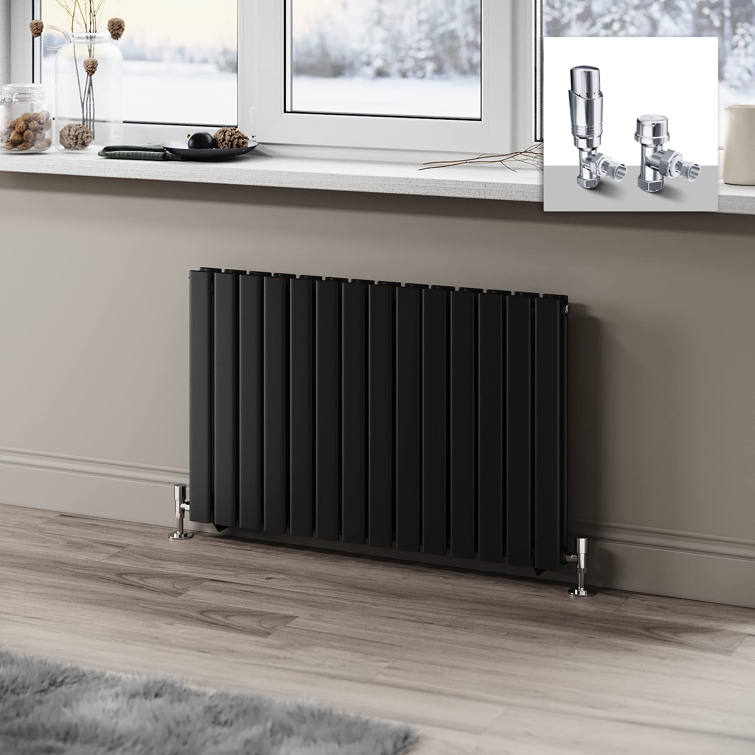 ELEGANT 600 x 952mm Radiator Black Horizontal Radiator Flat Panel Designer Radiator Double Panel Central Heating Radiator with Chrome Thermostatic Valves