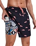 Mens Swim Trunks with Compression Liner 5" Stretch Beach Shorts 2 in 1 Quick Dry with Zipper Pockets Board Shorts