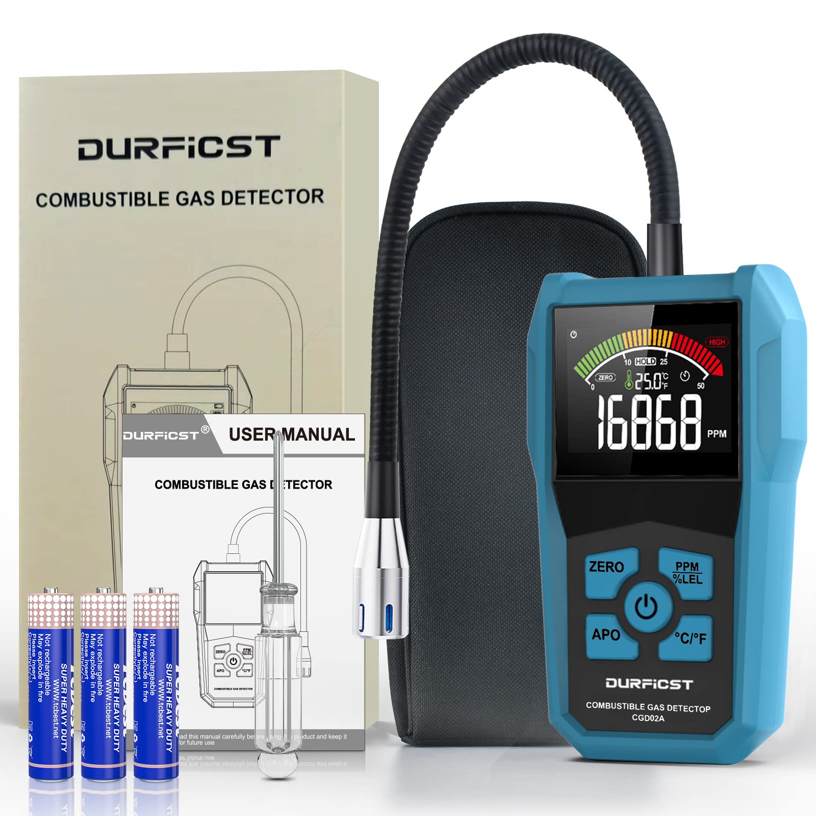 Gaslecksuchgerät, DURFICST Tragbarer Gasmelder Erdgas, Alarmierbarer Gas Detector zur Messung von Erdgas, Flüssiggas, Kohlegas und Anderen Brennbaren Gasen
