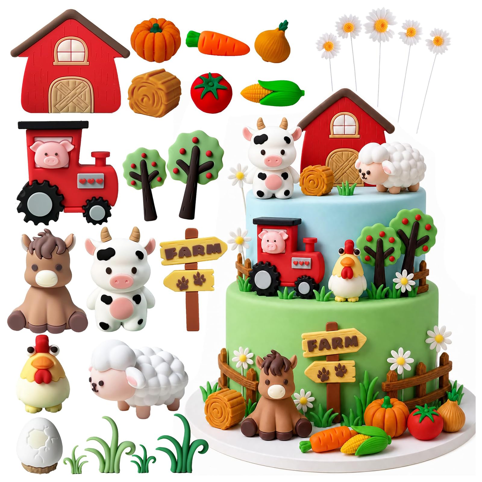 Exylosluxek Farm Animal Cake Toppers, Animal Cake Toppers for Birthday Parties, Farm Cake Decorations 24 Piece Set