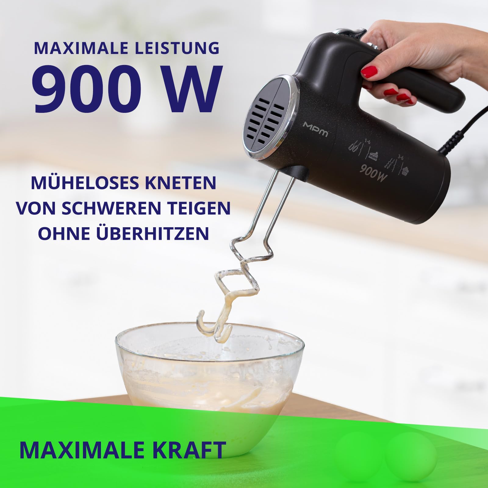 MPM Handmixer 900W - 6 Geschwindigkeitsstufen + Turbo, 4 Lange Rühraufsätze | Handrührgerät mit Auswurftaste, Sicherheitsverriegelung, spülmaschinenfeste Rühraufsätze - Schnelles Verarbeiten von Massen