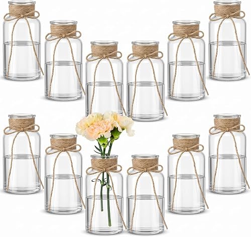 Vintage Clear Glass Vases for Flowers – Set of 12 Decorative Cylinder Vases with Hemp Rope for Farmhouse Wedding Centerpieces, Reception Table Decorations, Home Decor, Floral Arrangements