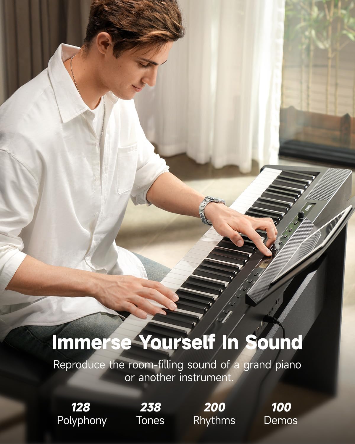 Person playing Donner DEP-16A, highlighting sound features