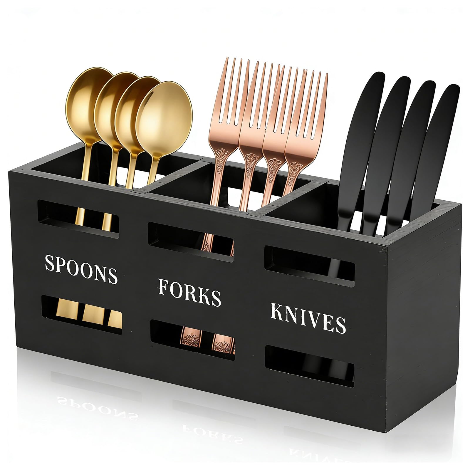 Ninnyi Wooden Utensil Holder, Kitchen Cutlery Multipurpose Storage Caddy with 3 Compartments for Table Spoons Cutters Forks