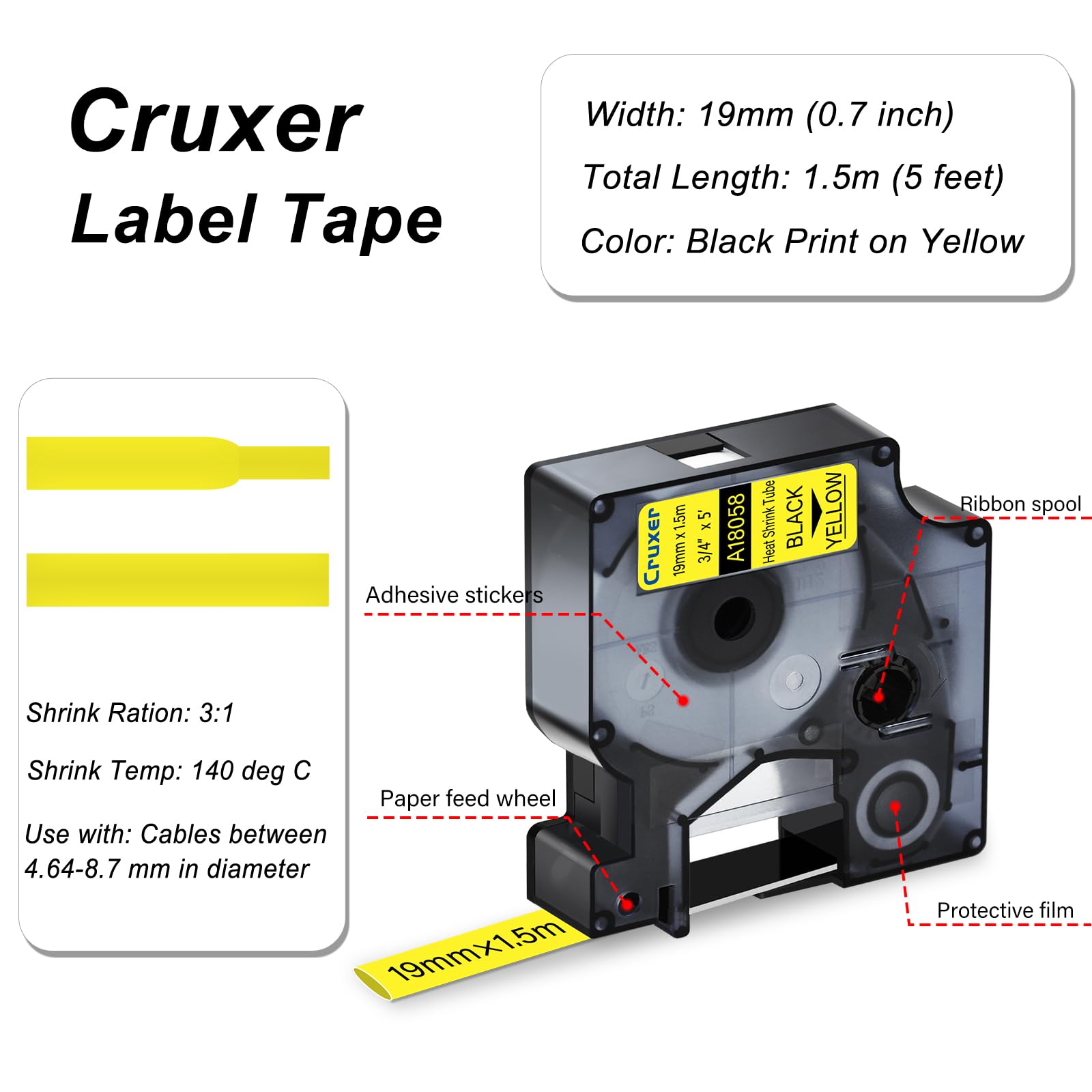 Cruxer Paquete de 80 unidades compatible con Dymo Rhino A18058 cinta de etiquetas industriales, negro sobre amarillo, 19 mm x 1,5 m, repuesto para Dymo LabelWriter y Rhino 1000 3000 4200 5000 5200