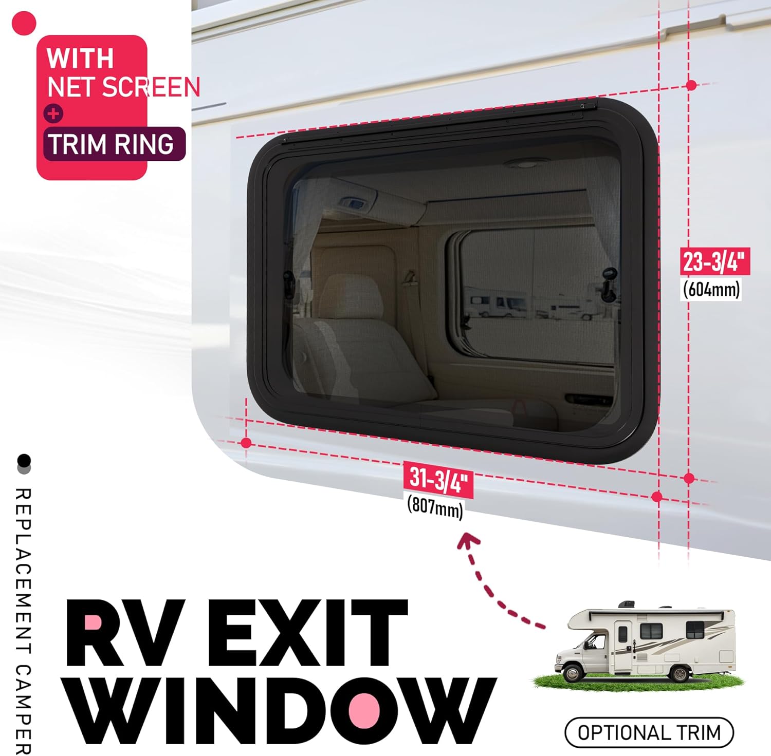 Wutist 30"W X 22"H RV Exit Window W/ Removable Screen, Trim Ring Side Emergency Window For Trailer, Camper, Van, Truck
