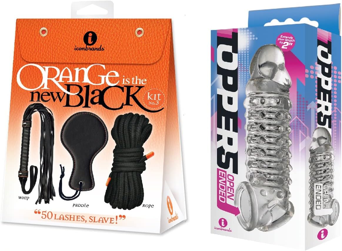 Sex Toy Gift Set Bundle of Orange is The New Black, Kit #3-50 Lashes, Slave! and Icon Brands Toppers Open Ended, Ribbed and Nubbed Penis Extender, Clear