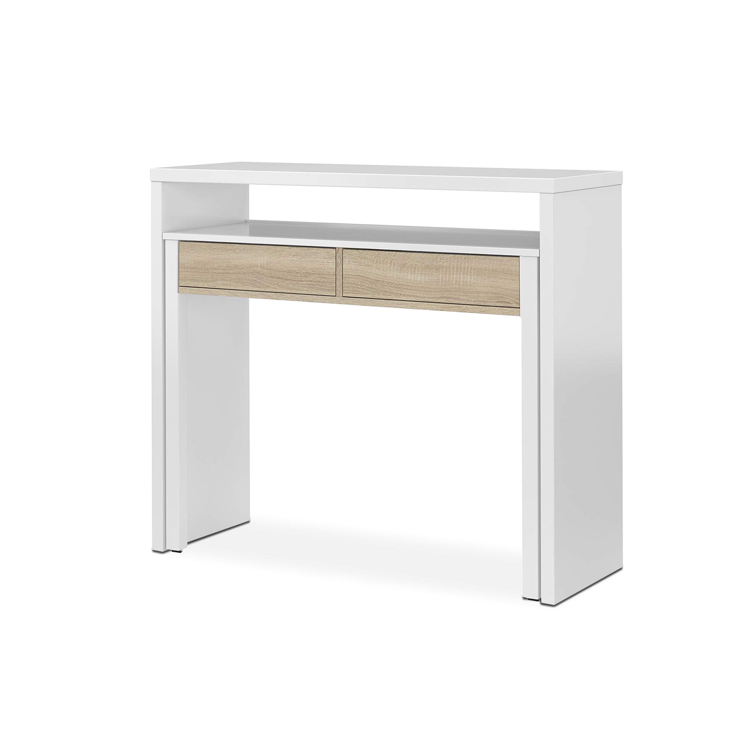 duehome | Zira, Escritorio Consola, Mesa Estudio, Consola Extensible, Acabado en Blanco Artik y Roble Canadian, Medidas: 98,5 cm (Largo) x 36-66 cm (Fondo) x 87,5 cm (Alto)