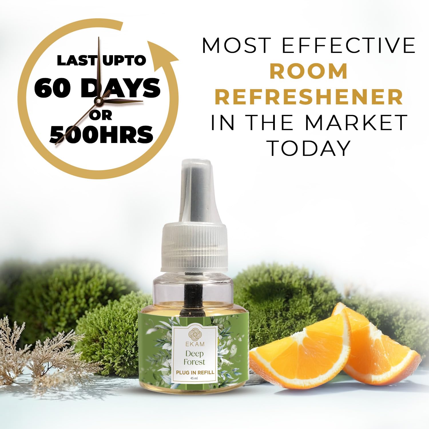 EKAM Plug-In Air Freshener Kit (Machine + 45ml Refill) | Deep Forest Scent | Long-Lasting Aroma for 125 Days / 500 Hours | Ideal for Rooms & Bathrooms - Image 2 thumbnail