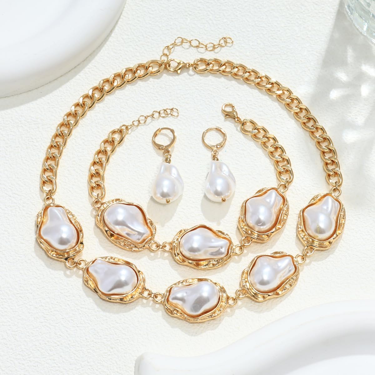 Chunky Gold Baroque Pearl Jewelry Set For Women Exquisite Adjustable Gold Irregular Geometric Pearl Choker Necklace Earring Bracelet Set Trendy Wedding Brides Bridesmaids Jewelry Set - Image 6