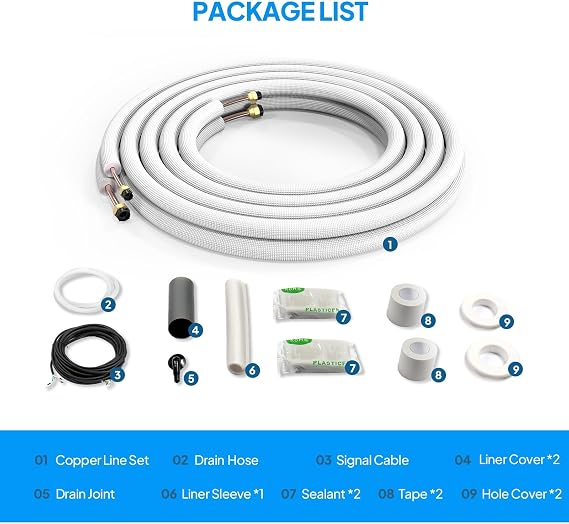 ROVSUN 25 Ft Mini Split Line Set, 1/4 & 1/2 O.D. Flared Copper Tubing Pipes and 3/8 Thickened PE Insulated Coil with Nuts & Kit for Mini Split Air Conditioner & Heat Pump System
