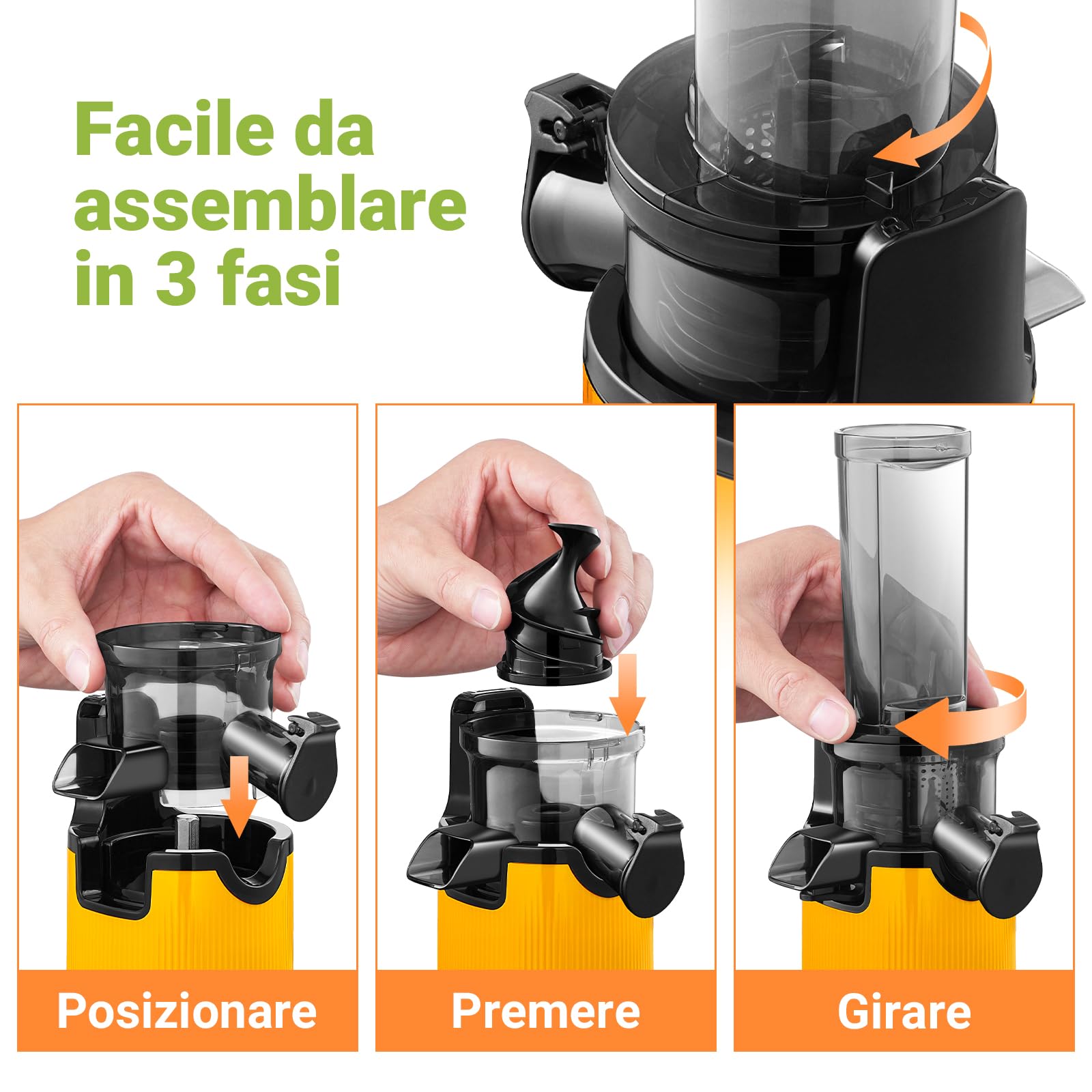 Estrattore frutta e verdura AOBOSI-Mini estrattore con funzione di masticazione inversa -estrattore di succo con spazzola e 2 tazze -150W estrattore a freddo - Spremiagrumi elettrico-Giallo.