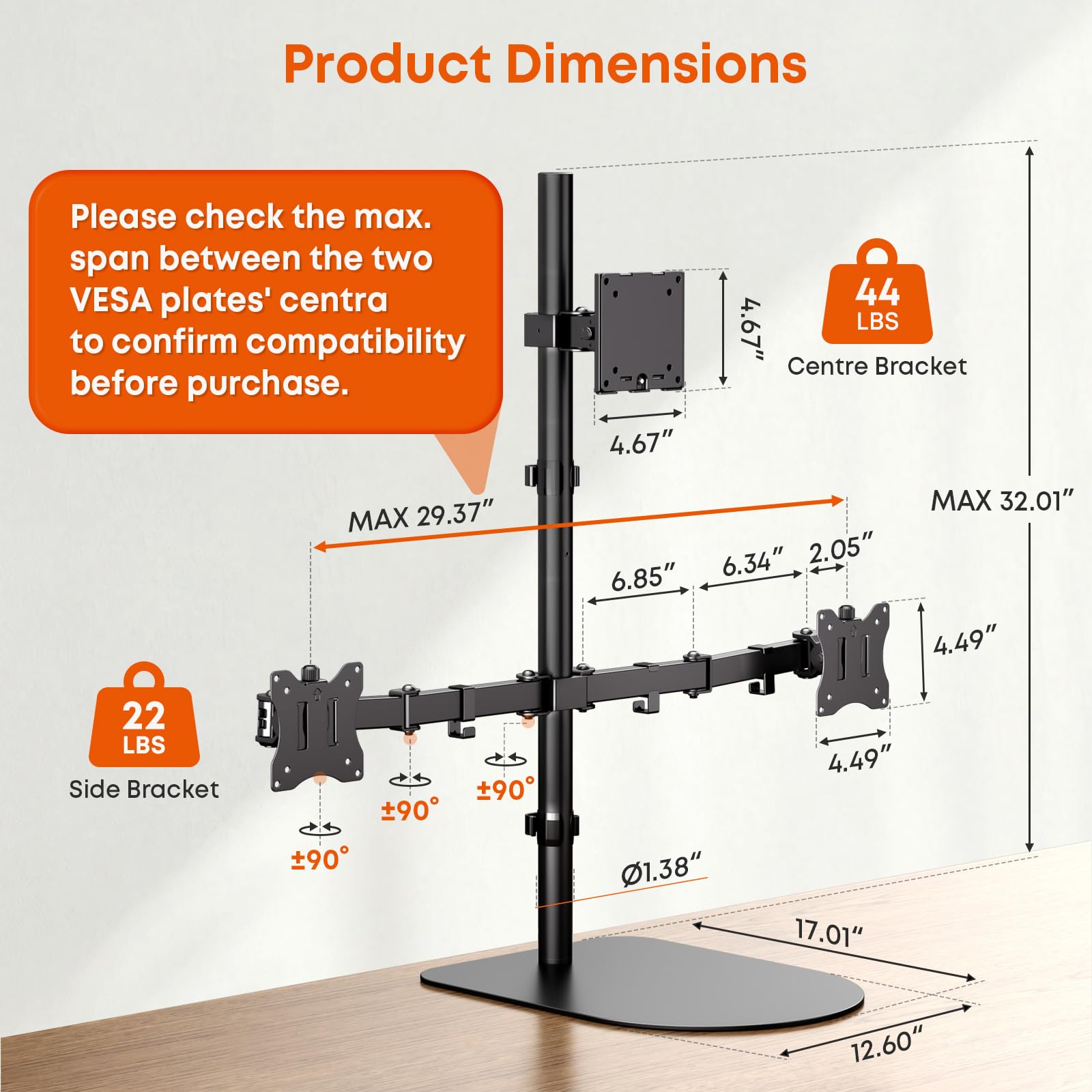 Support Triple écran 49/32 Pouces, VESA 75/100, 20kg