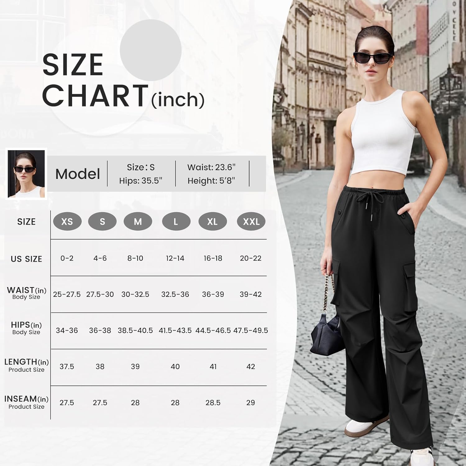 Womens Cargo Pants Elastic Waist Wide Leg Parachute Pants with 4 Pockets Baggy Hiking Trousers Travel Y2K Waterproof - Image 7