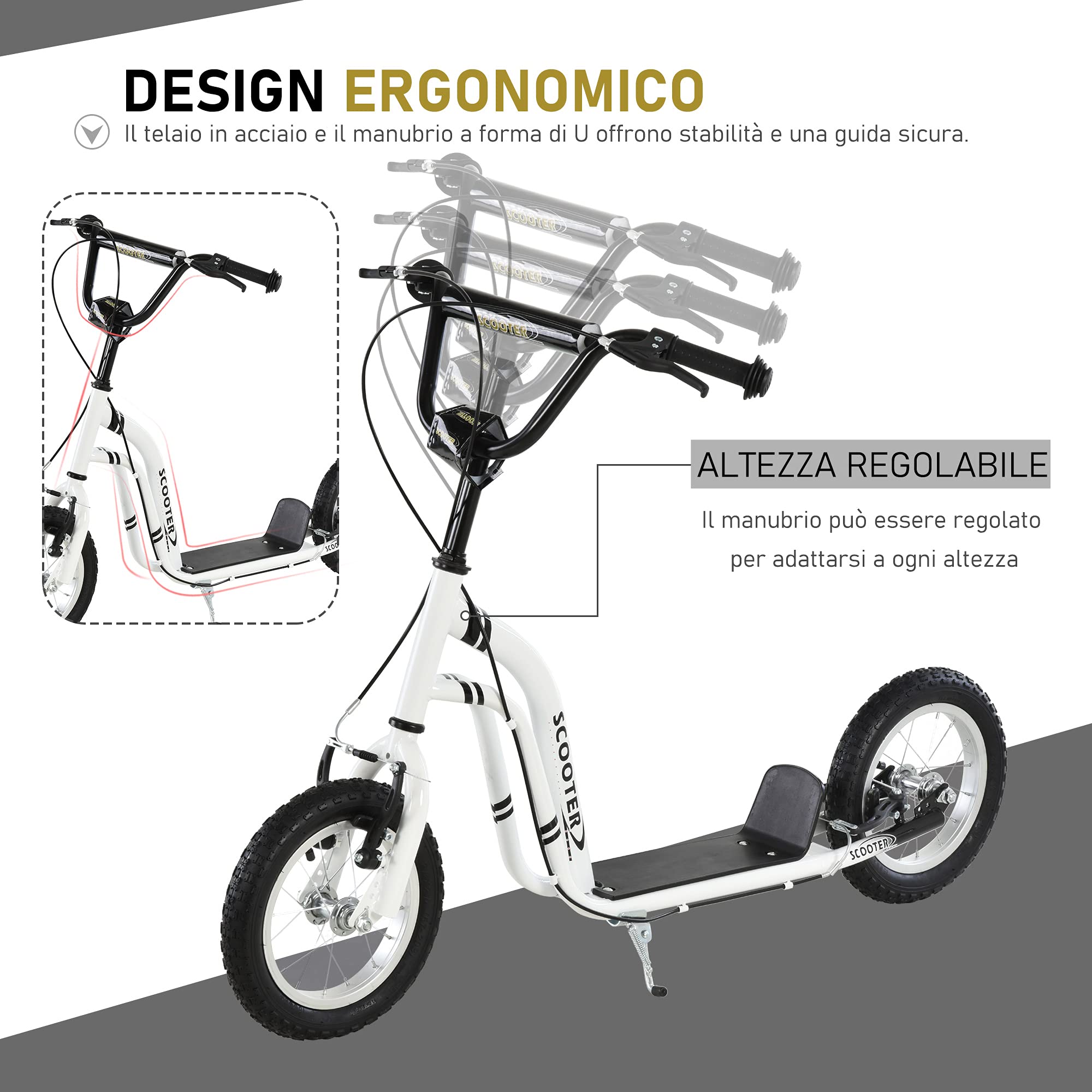 HOMCOM Monopattino con Manubrio Regolabile, Ruote Grandi, 2 Freni e Telaio in Metallo, per Bambini 5+ Anni, Max 100kg, 120x58x85-95cm, Bianco