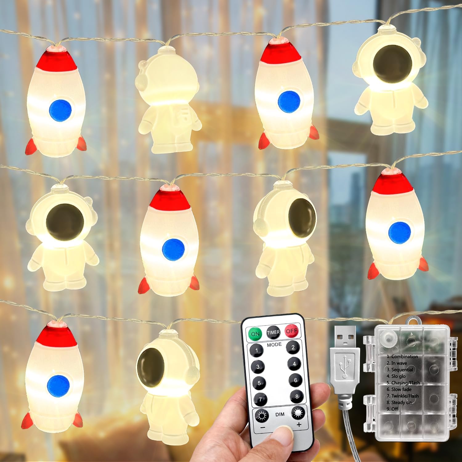 AceList3M 20 LED Fairy Lights Children's Room Boys Astronaut Rockets Warm White 8 Modes with Timer, USB and Battery Operated Fairy Lights Indoor for Room Decoration, Birthday Party and Christmas