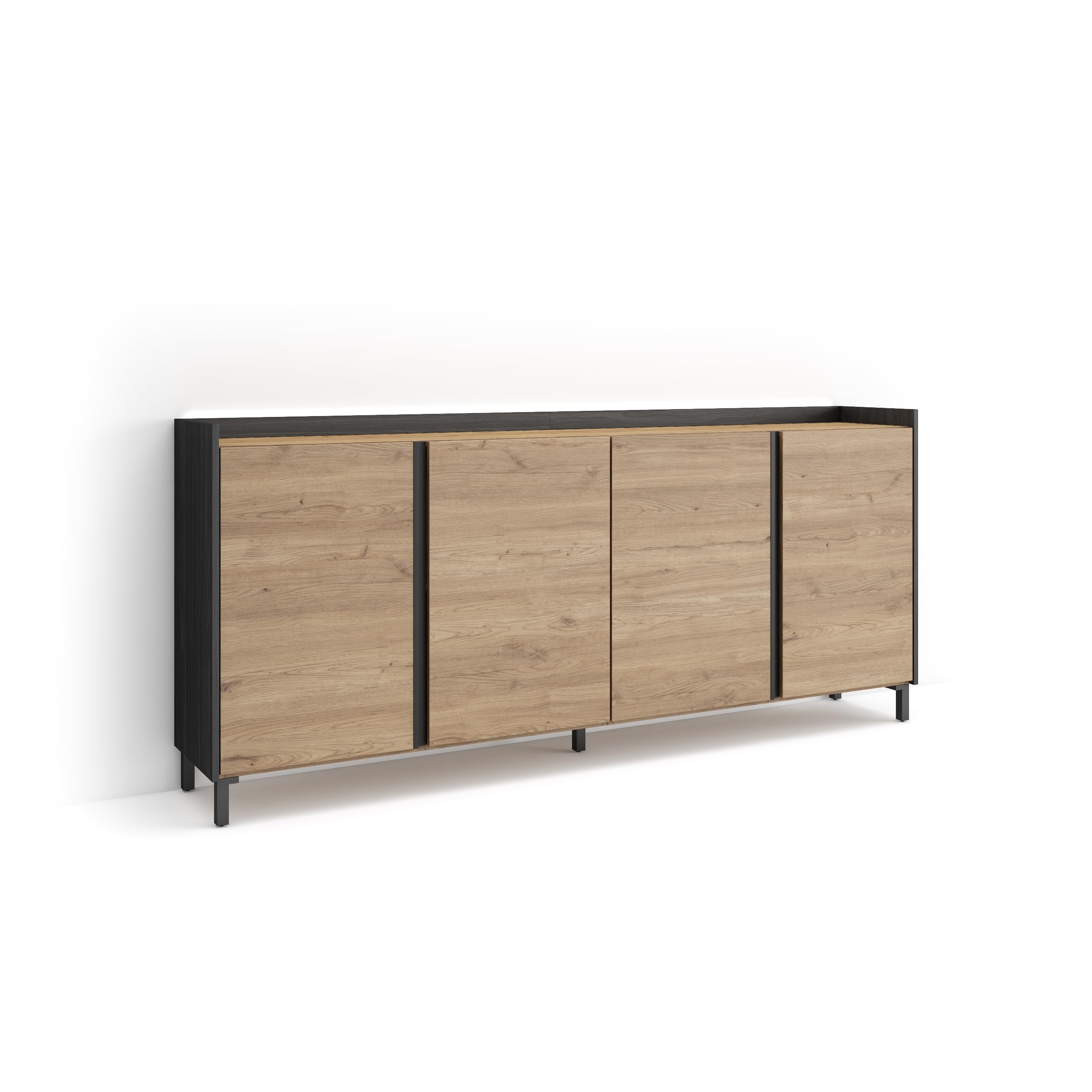 Skraut Home | Aparadores para salón | Gran Capacidad de almacenaje | 207x91x35 cm | 4 Puertas | Diseño Industrial | LED | Estilo Moderno | Roble y Negro