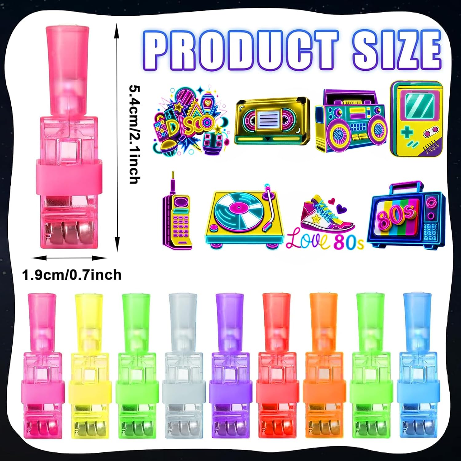 24PCS 80s Party Favors Finger Lights, 8 Designs for Party Treat Bags | 24 80s finger lights in 8 retro designs, sized for party treat bags, favor boxes, tabletop decor, and theme setups