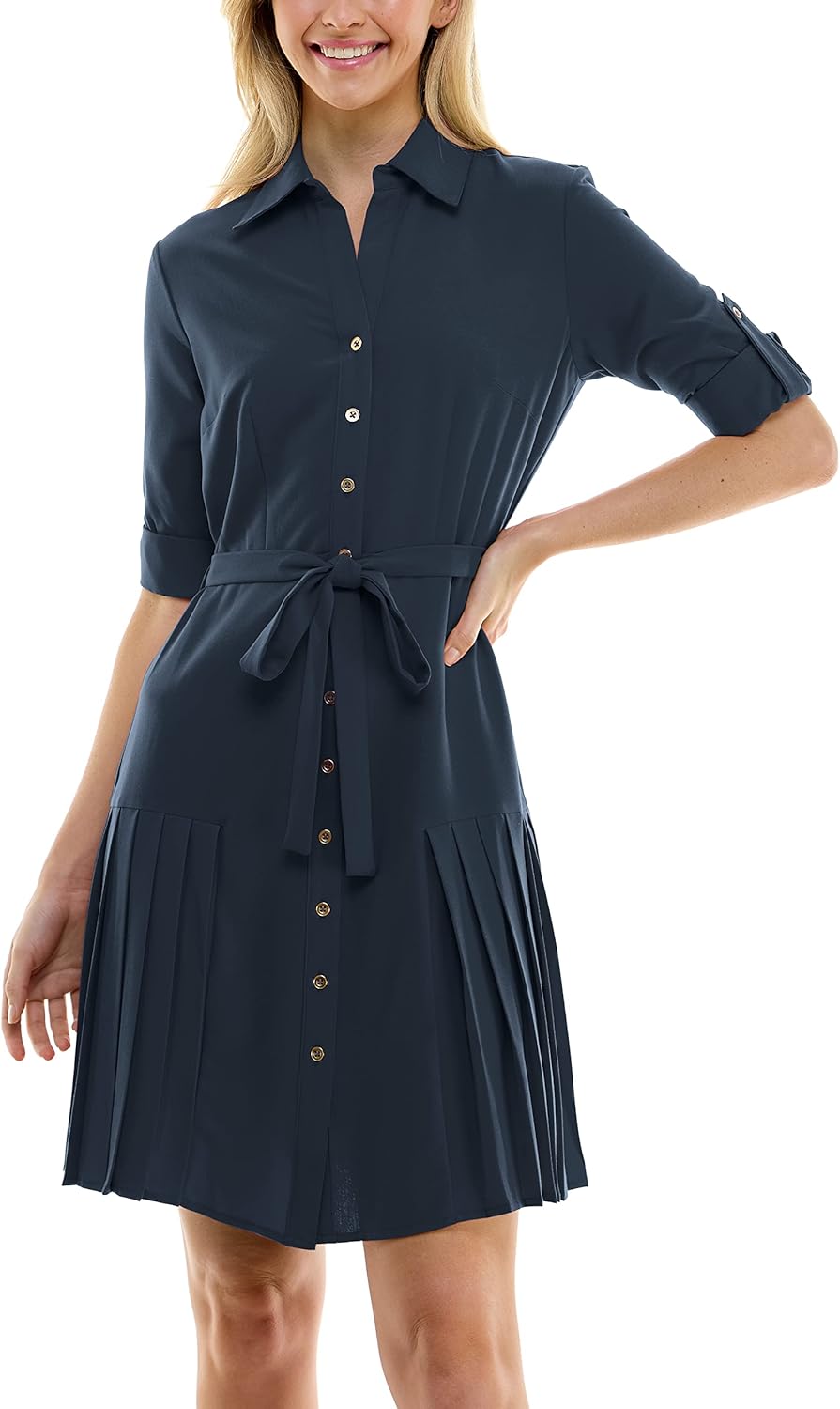Sharagano Women's Button to Hem Shirtdress with Side Pleating - Image 2