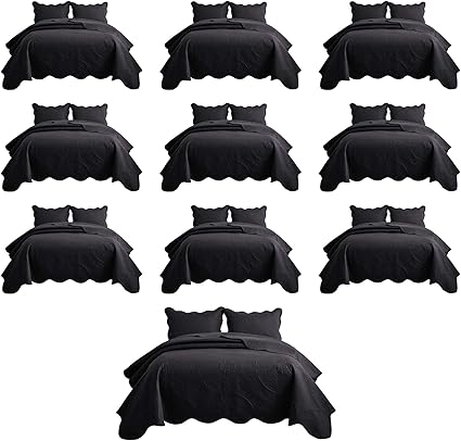 IR Imperial Rooms 10 Pack Queen Quilt Bedding Set (90" x 96") - Bulk Wholesale for Hotels, Guest Bedroom & Airbnbs - Lightweight Microfiber Reversible Floral Embossed Quilts Bedspreads (Black)