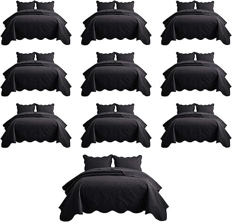 IR Imperial Rooms 10 Pack Queen Quilt Bedding Set (90" x 96") - Bulk Wholesale for Hotels, Guest Bedroom & Airbnbs - Lightweight Microfiber Reversible Floral Embossed Quilts Bedspreads (Black)