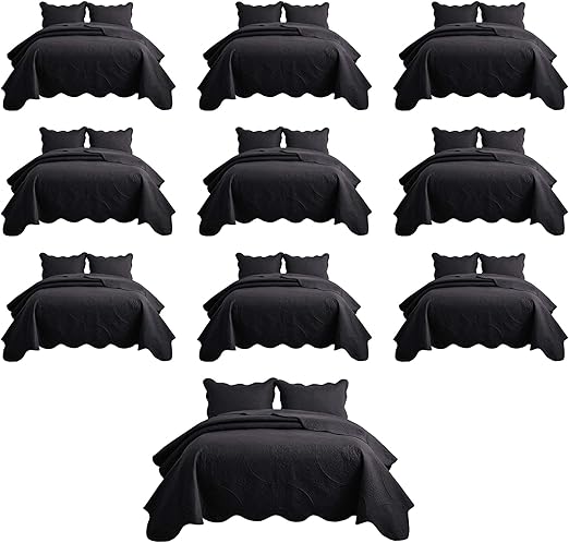IR Imperial Rooms 10 Pack Queen Quilt Bedding Set (90" x 96") - Bulk Wholesale for Hotels, Guest Bedroom & Airbnbs - Lightweight Microfiber Reversible Floral Embossed Quilts Bedspreads (Black)