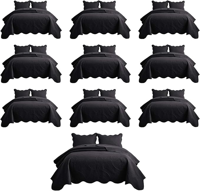 IR Imperial Rooms 10 Pack Queen Quilt Bedding Set (90" x 96") - Bulk Wholesale for Hotels, Guest Bedroom & Airbnbs - Lightweight Microfiber Reversible Floral Embossed Quilts Bedspreads (Black)