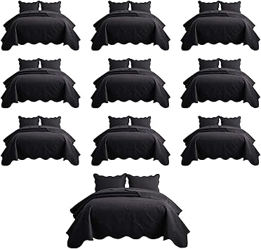 IR Imperial Rooms 10 Pack Queen Quilt Bedding Set (90" x 96") - Bulk Wholesale for Hotels, Guest Bedroom & Airbnbs - Lightweight Microfiber Reversible Floral Embossed Quilts Bedspreads (Black)