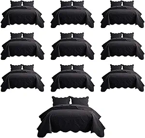 IR Imperial Rooms 10 Pack Queen Quilt Bedding Set (90" x 96") - Bulk Wholesale for Hotels, Guest Bedroom & Airbnbs - Lightweight Microfiber Reversible Floral Embossed Quilts Bedspreads (Black)
