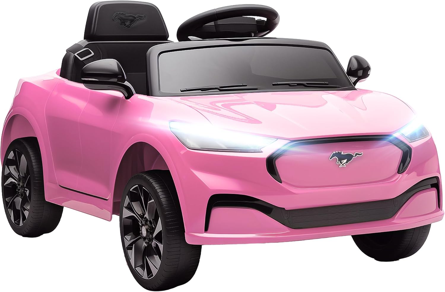 Qaba 12V Kids Ride On Car, Licensed Ford Mustang Mach-E Electric Car with Remote Control, 3 Speeds, LED Light, Music, Bluetooth, Suspension Wheels, Battery Powered Toy for Ages 3–5 Years, Pink
