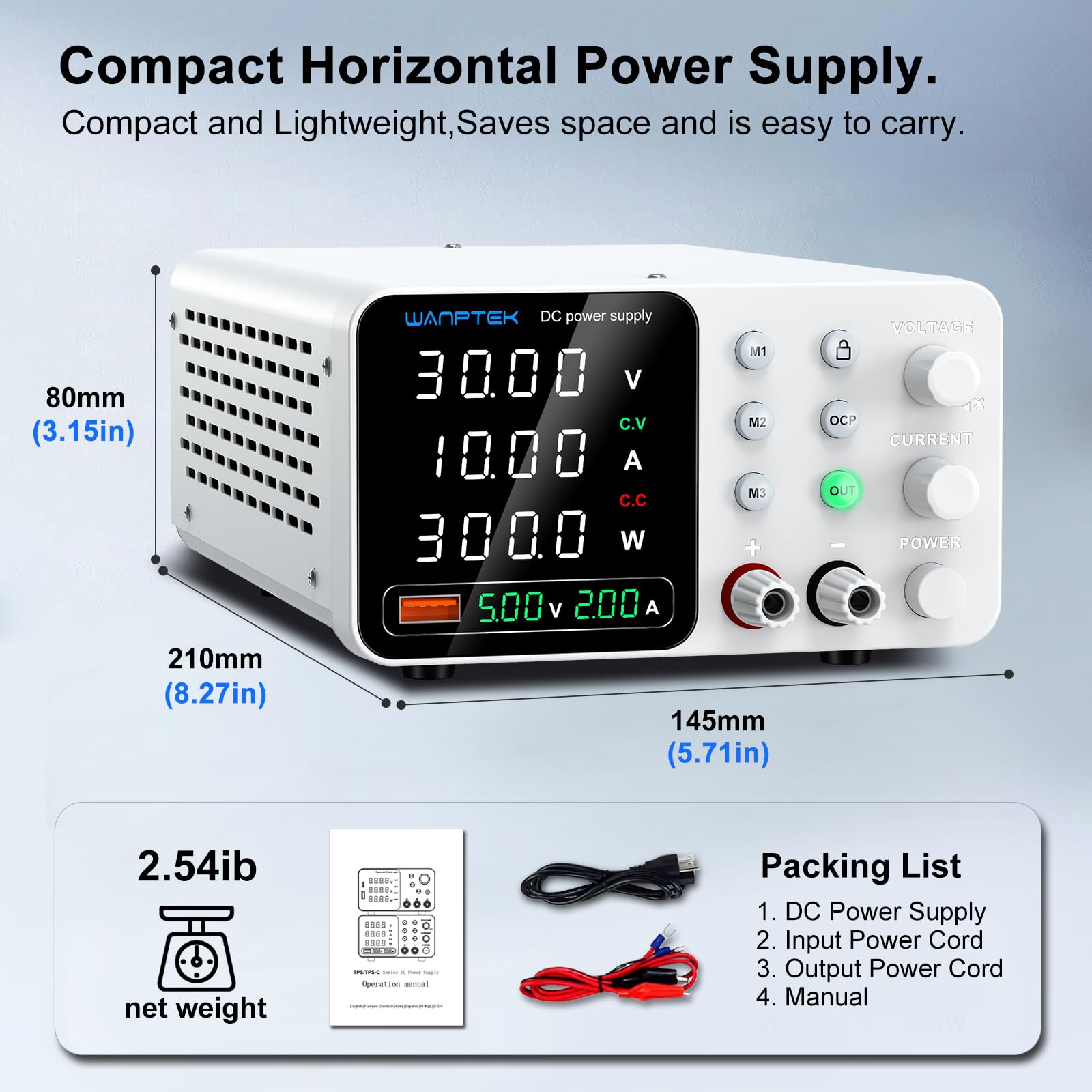 Fuente Alimentación Regulable 30V 10A, Fuente de Laboratorio Ajustable con 3 Memorias, Protección OCP, Carga Rápida USB y Función de Bloqueo - - para Reparación Electrónica