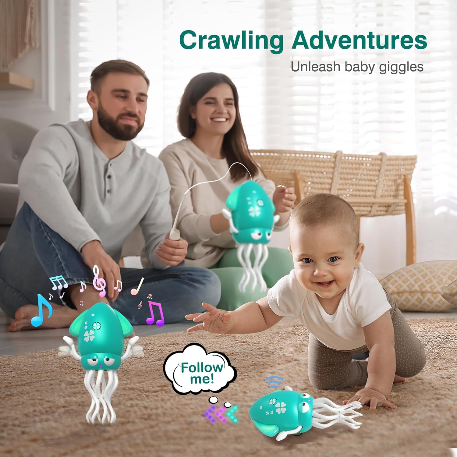 Dancing Squid Baby Toy, Crawling Octopus Squid Tummy Time Toy, Rechargeable Magic Dancing Music & LED Octopus for 3 4 5 6 Year Old Kids Boy Girl Birthday Gifts, Funny Squid for Floor Games (Green)