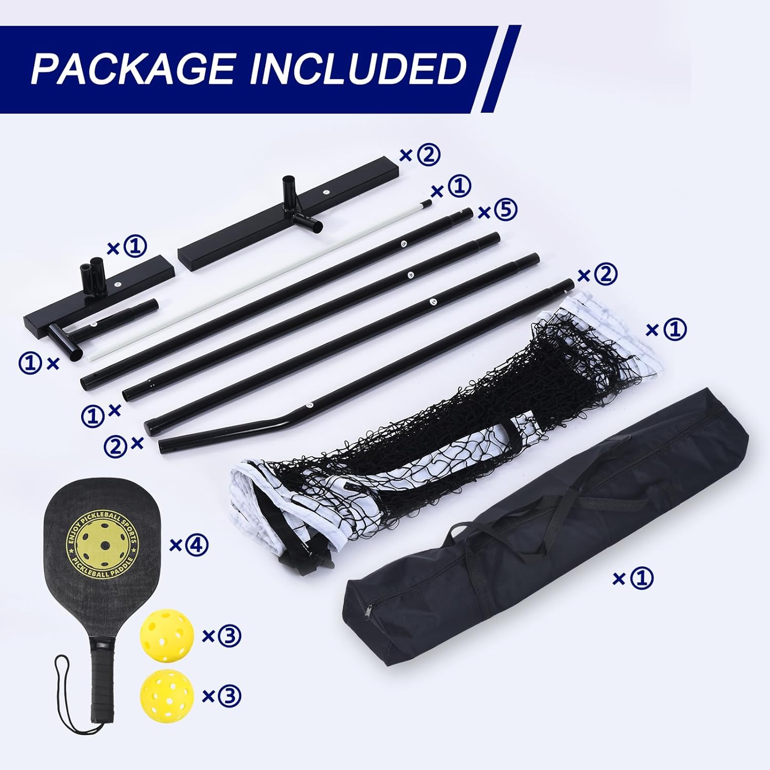 PATIKIL Pickleball Net Set 22FT Regulation Size Portable Net System with 6 Pickleball, 4 Paddles & Carrying Bag for Driveway Backyards Indoor Outdoor, Black