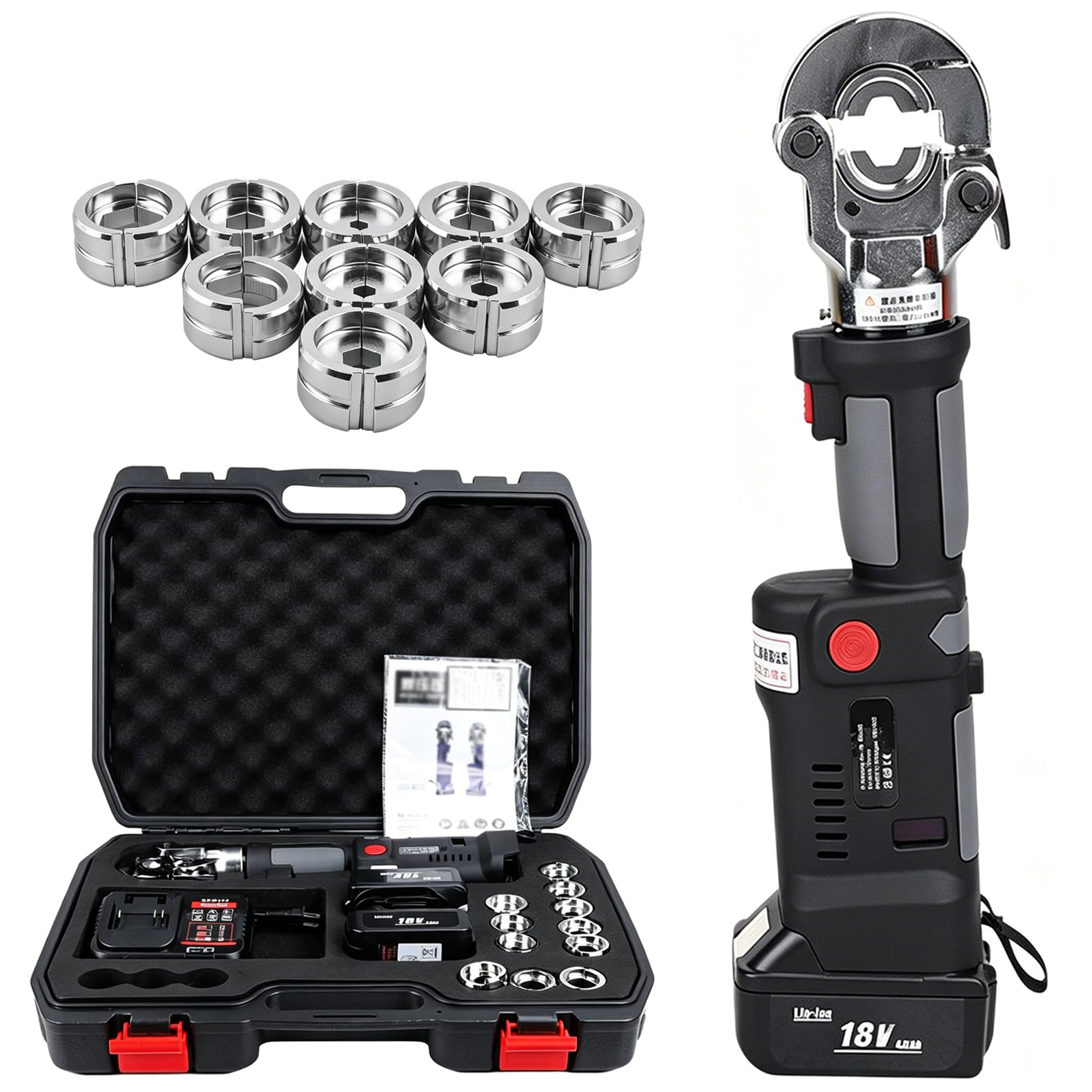 DmqChry Electric Hydraulic Crimping Tool, 6Ton 6AWG-600MCM Rechargeable Hydraulic Crimper with 11 Dies, 5-8s Quick Crimping, Wire Cable Lug Crimping Tool Kit for Cu/Al Terminal