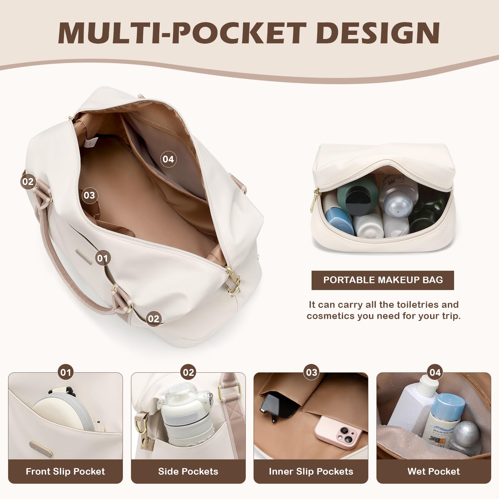 46L Reisetasche Damen, Groß Weekender Handgepäck Tasche mit Kosmetiktasche, Schuhfach & Nassfach, Kliniktasche, Trainingstasche, Sporttasche, für Flugzeug Reisen (Cremefarben)