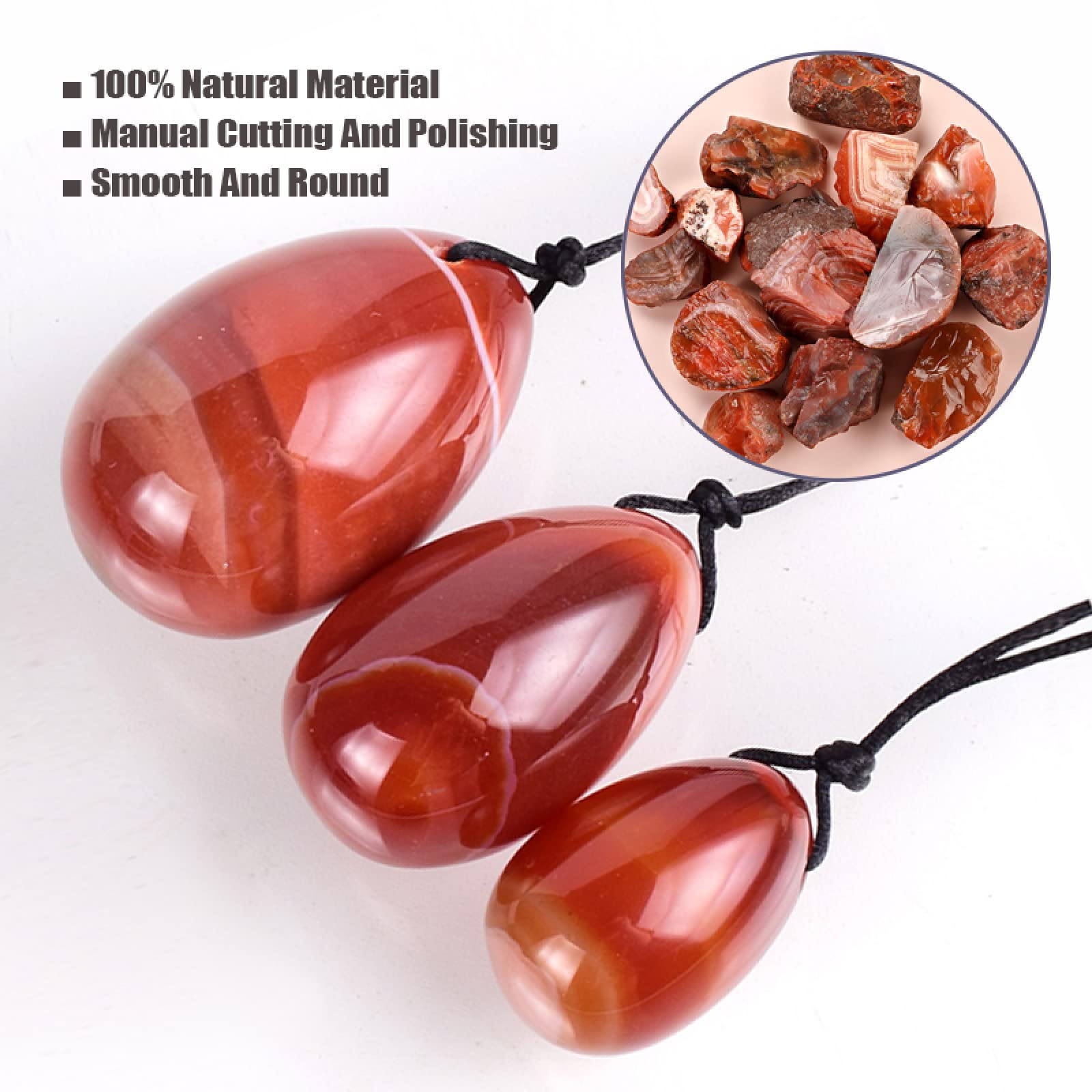 3Pcs Natural Carnalian Yoni Egg Set Femmes Kegel Exercice, 3 œufs avec boîte