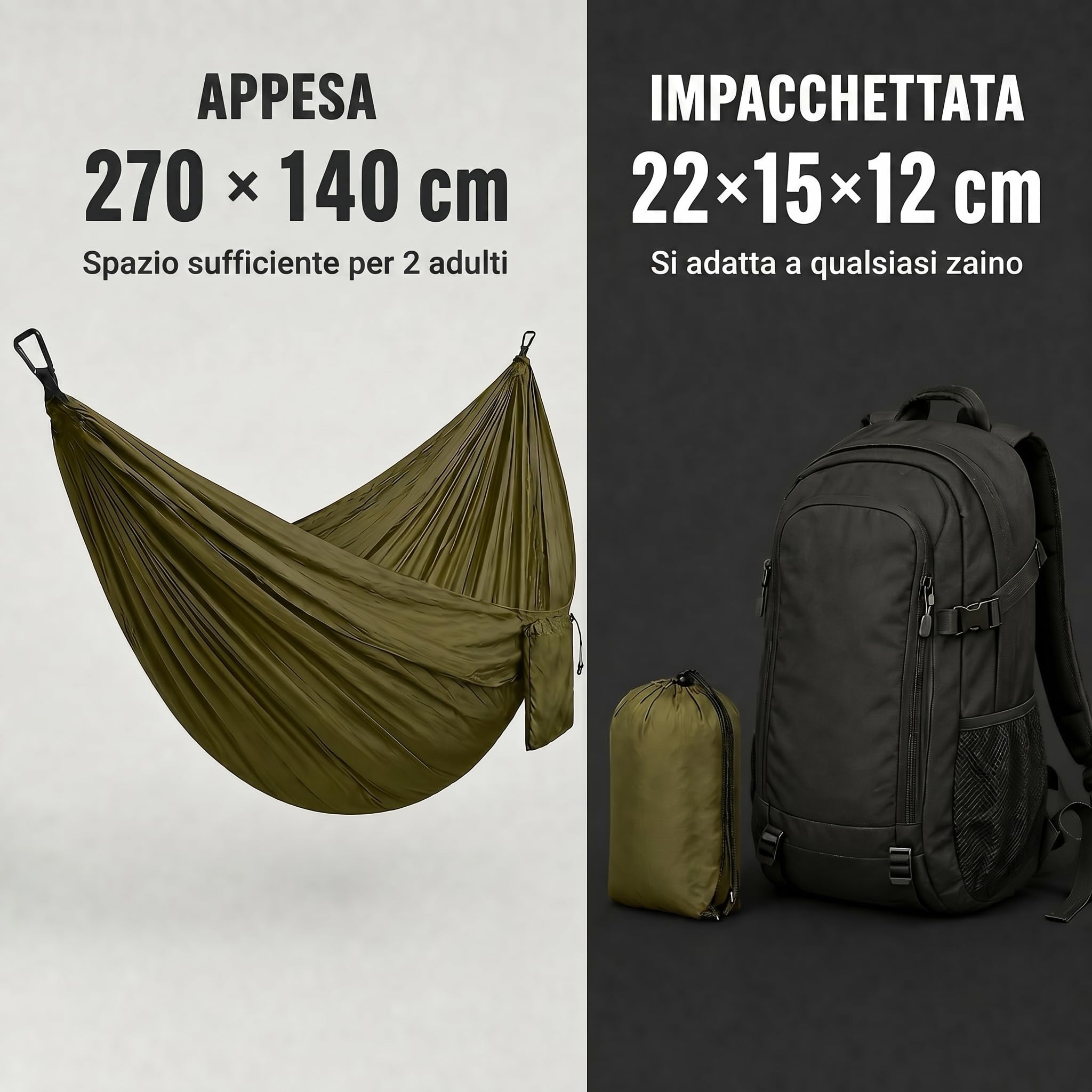 Amaca Doppia Ultraleggera Verde Militare 300 kg per Esterno Campeggio con Cinghie e Anelli a D