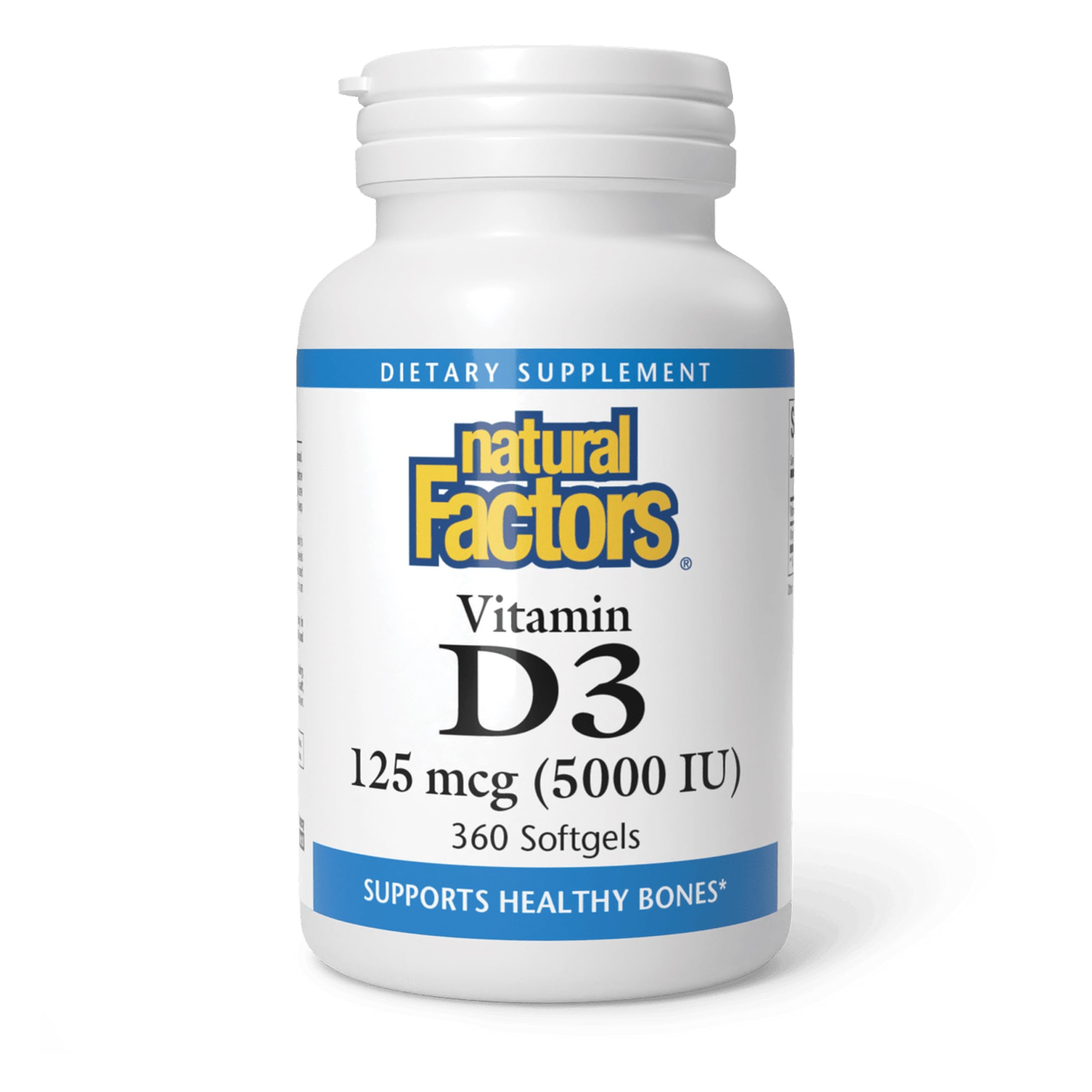 Natural Factors, Vitamin D3 5000 IU (125 mcg), Supports Strong Bones, Muscles and Immune Function, 360 Softgels 360 Count (Pack of 1)