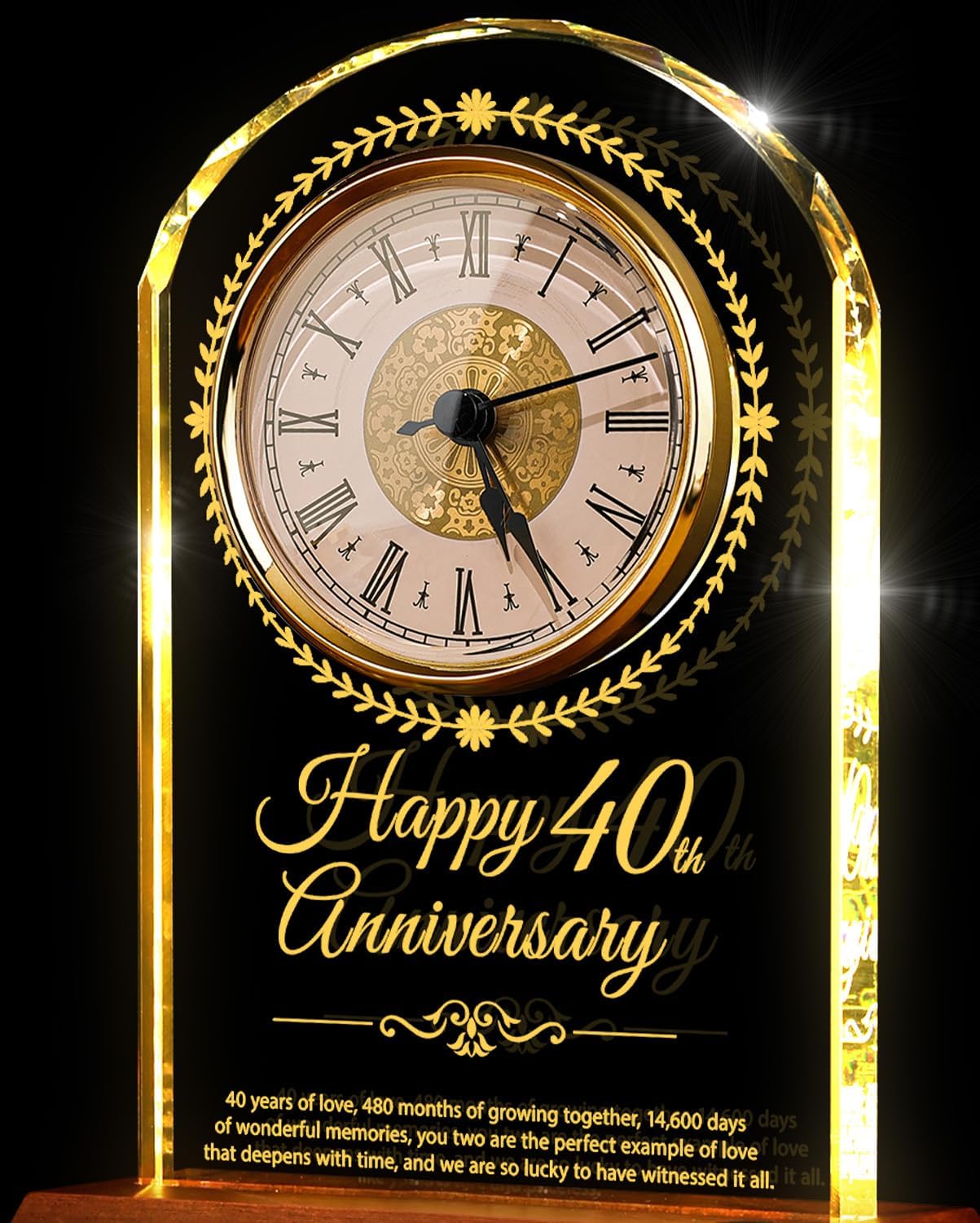 40th Wedding Anniversary Crystal Quartz Clock with Wooden Light Base,40 Years of Marriage Gift,Happy Ruby Anniversary Decoration Gift,for Parents,Grandparents,Couple - Image 7