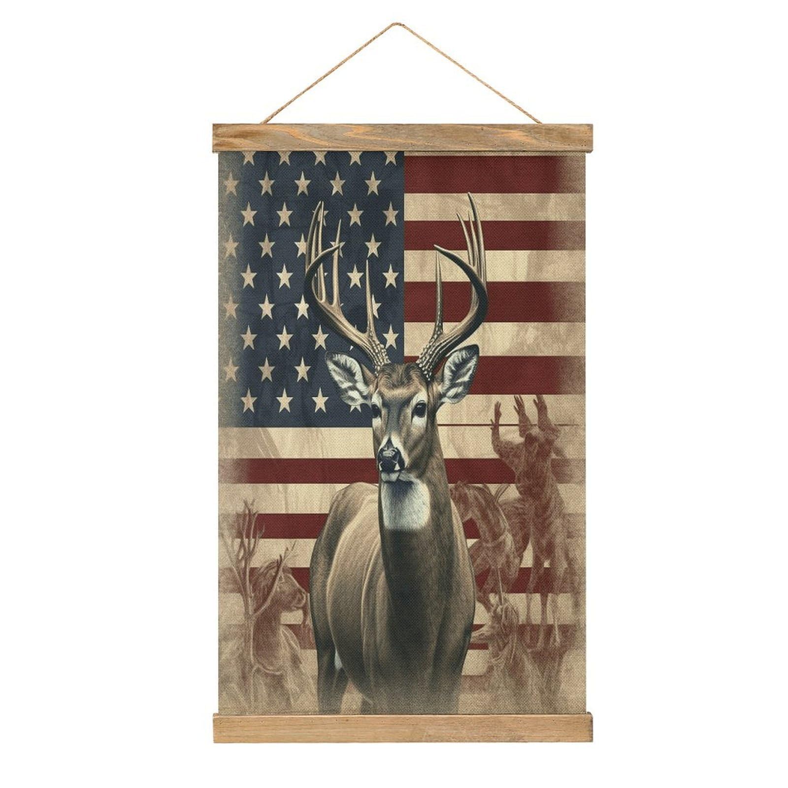 VstaDank Americana Flag Deer Hanging Poster with Wooden Frame Modern Linen Hanging Painting Retro Style Wall Decor Art Painting for Living Room,Bedroom Decor Poster Frame 20.4x13.1inch