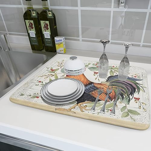 Miniatura 6 de Tapete de secado de platos de gallo de granja de 18 x 24 pulgadas, microfibra absorbente, tapete escurridor de platos de pollo vintage, tapete